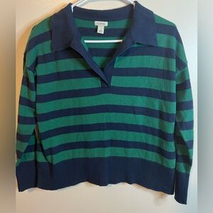 L.L. Bean Women's Polo V-Neck cotton/ cashmere Sweater - Navy and Green Stripes